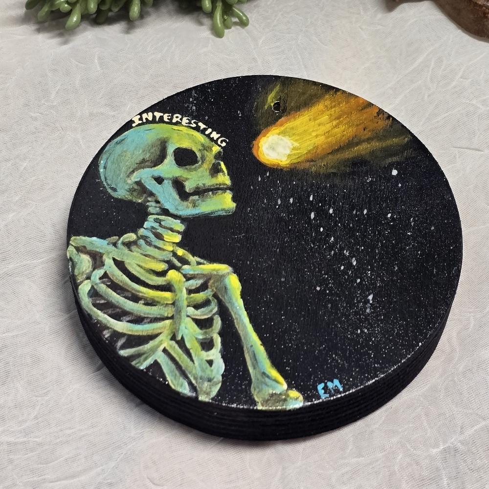 Vibrant Skeleton Art Thick Wood Circle 'INTEResting...Meteor'